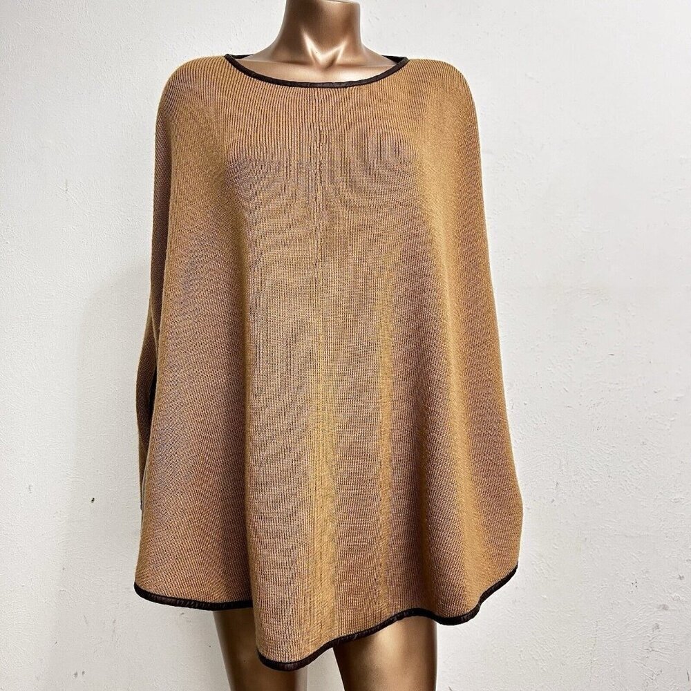 Cremieux Women's Leather Trim Sleeved Poncho Sweater Camel Brown M Wool Blend‎